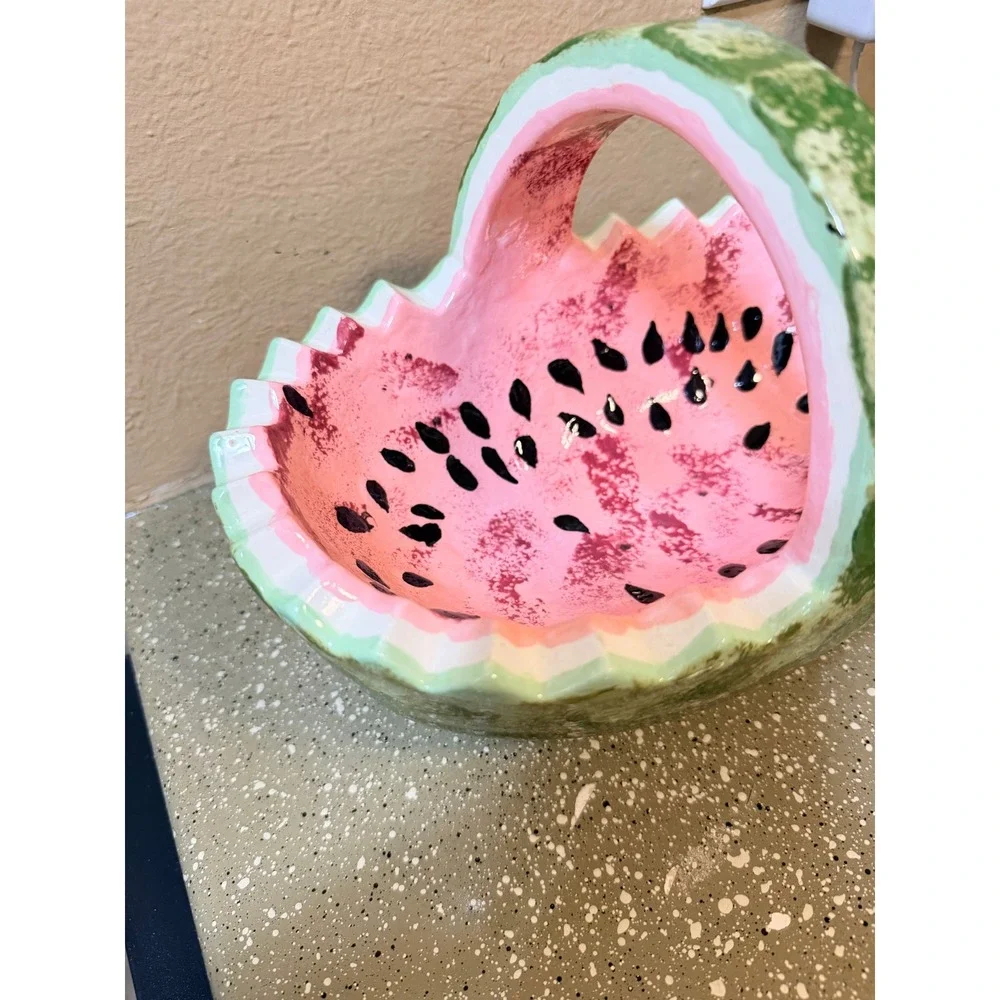 Vintage‎ Watermelon Ceramic Basket Hand Painted Pink Green Fruit Decor 11in